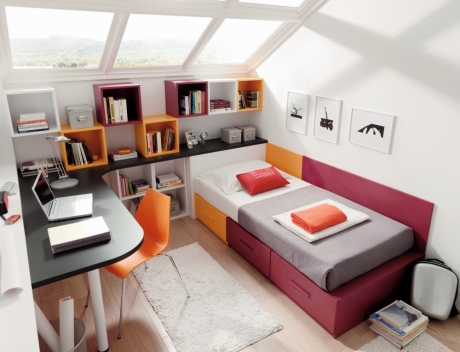 dormitorio juvenil, cama compacta con contenedores,librera y zona de estudio