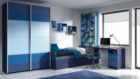 propuesta de dormitorio juvenil  en elegante gama de azules