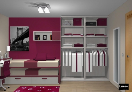 moble juvenil amb llits lliscants, distribuci interior de l'armari, dibuixos 3D