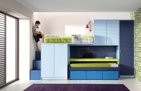 optimizado dormitorio juvenil con cama elevada,cama y mesa estudio extraíbles