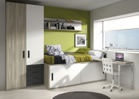 dormitorio juvenil con cama compacta de puertas correderas, armario y zona de estudio y trabajo