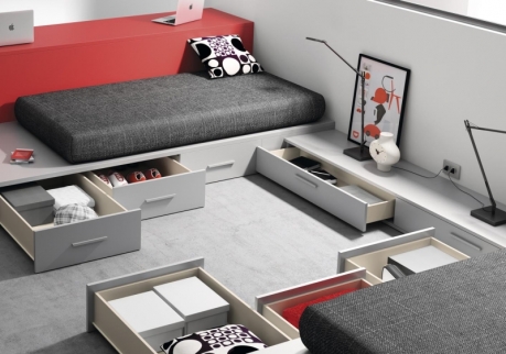 dormitori juvenil per 2, espais compartits optimitzant l'espai, calaixos contenidors en els llits