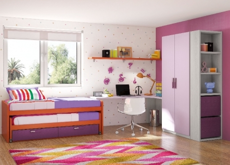 dormitorio juvenil con camas deslizantes, escritorio, armario y terminal zapatero