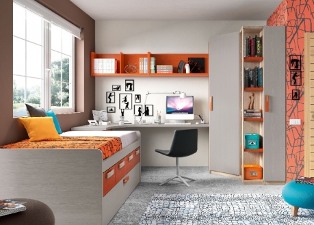 dormitorio juvenil con cama compacta cajones nido, mesa de estudio, armario rinconero y terminal zapatero