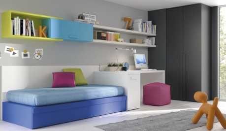 dormitorio juvenil con cama nido,dos camas armario rinconero y mesa de estudio, mueble juvenil