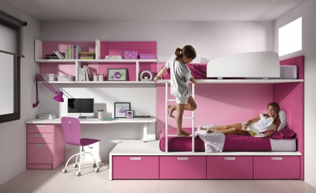 dormitorio infantil para dos con cama tren y mesa estudio, muebles infantiles