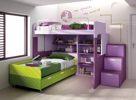 divertido y colorista dormitorio infantil para dos con camas en ele