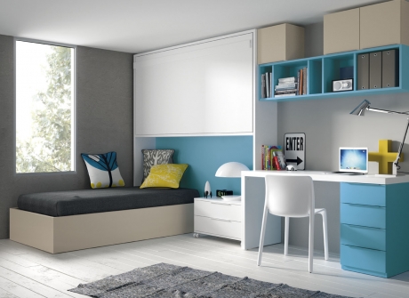 habitació juvenil per a dues, llit plegable, canapè abatible i zona d'estudi, moble juvenil